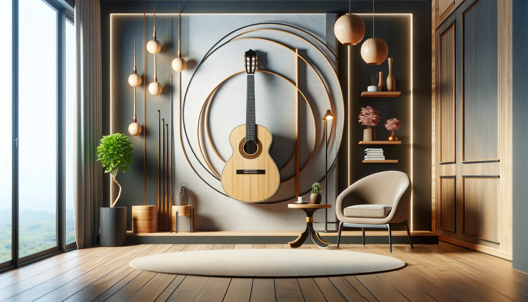 A guitar on a wall in a well designed room
