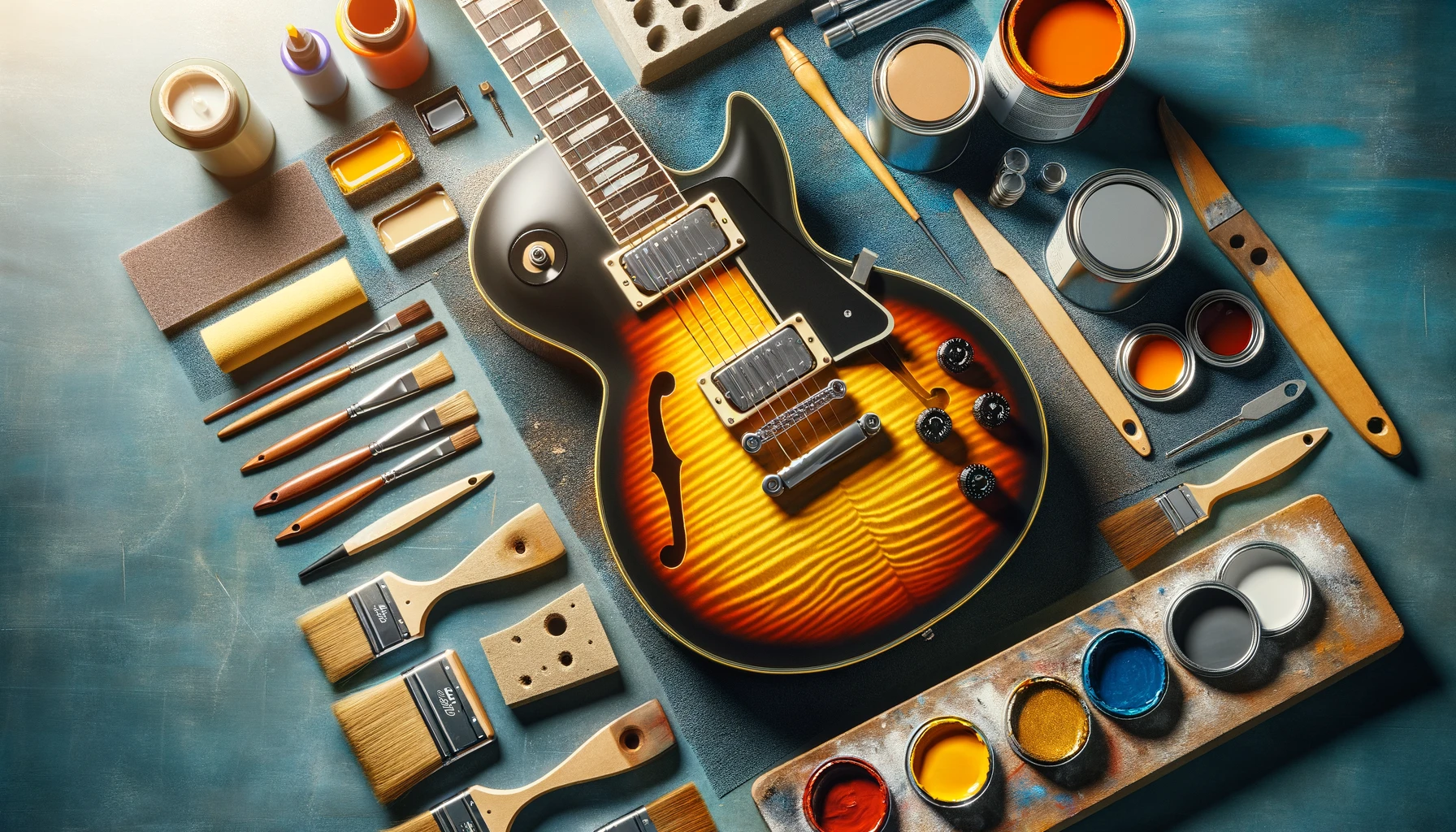 A guitar being paint, with all the tools needed around.
